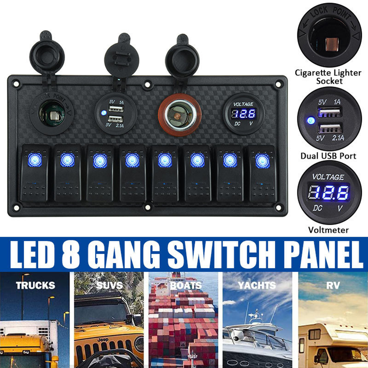 12V-24V-8-Gang-Blue-LED-Rocker-Switch-Panel-Car-Marine-Boat-Dual-USB-Waterproof-1696346
