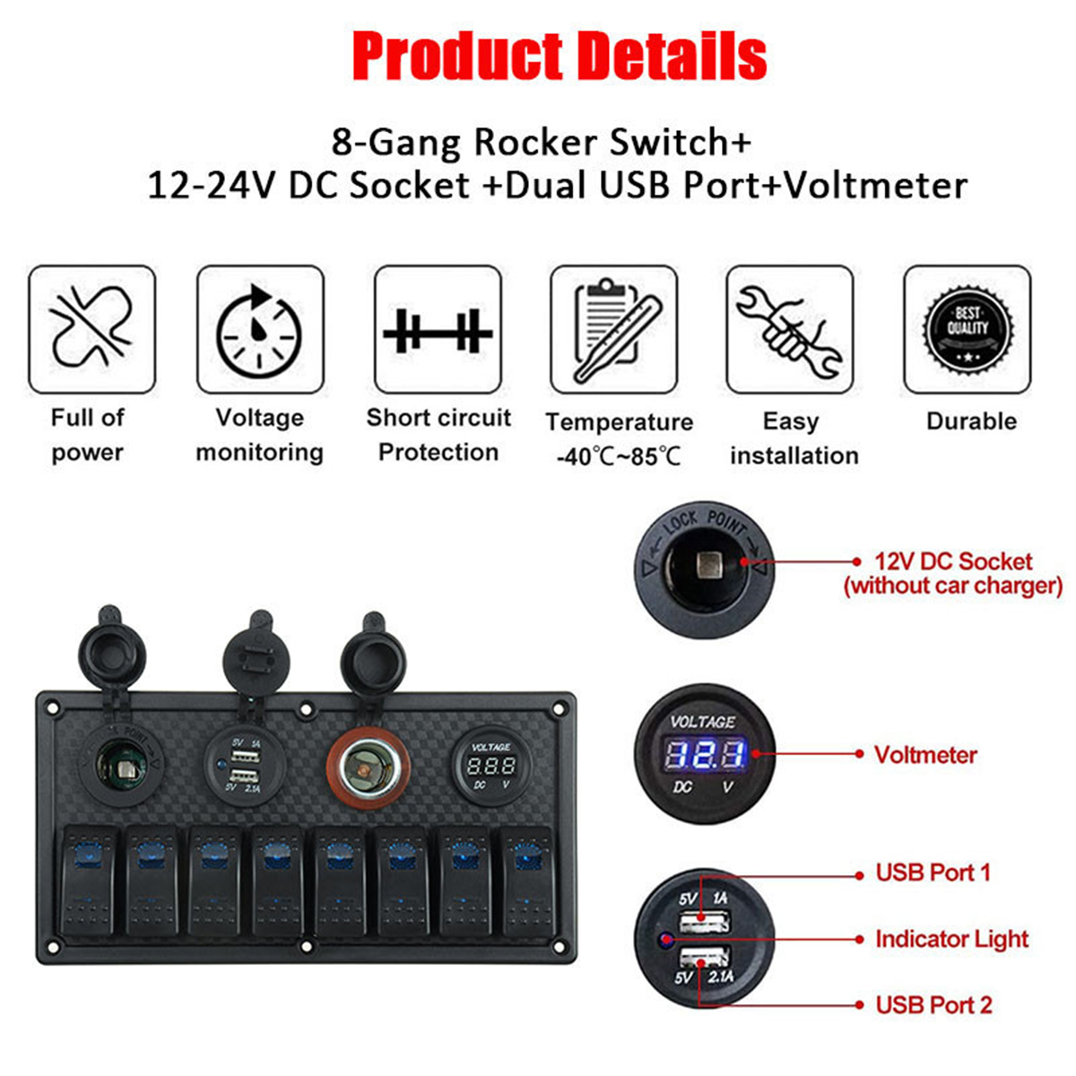 12V-24V-8-Gang-Blue-LED-Rocker-Switch-Panel-Car-Marine-Boat-Dual-USB-Waterproof-1696346