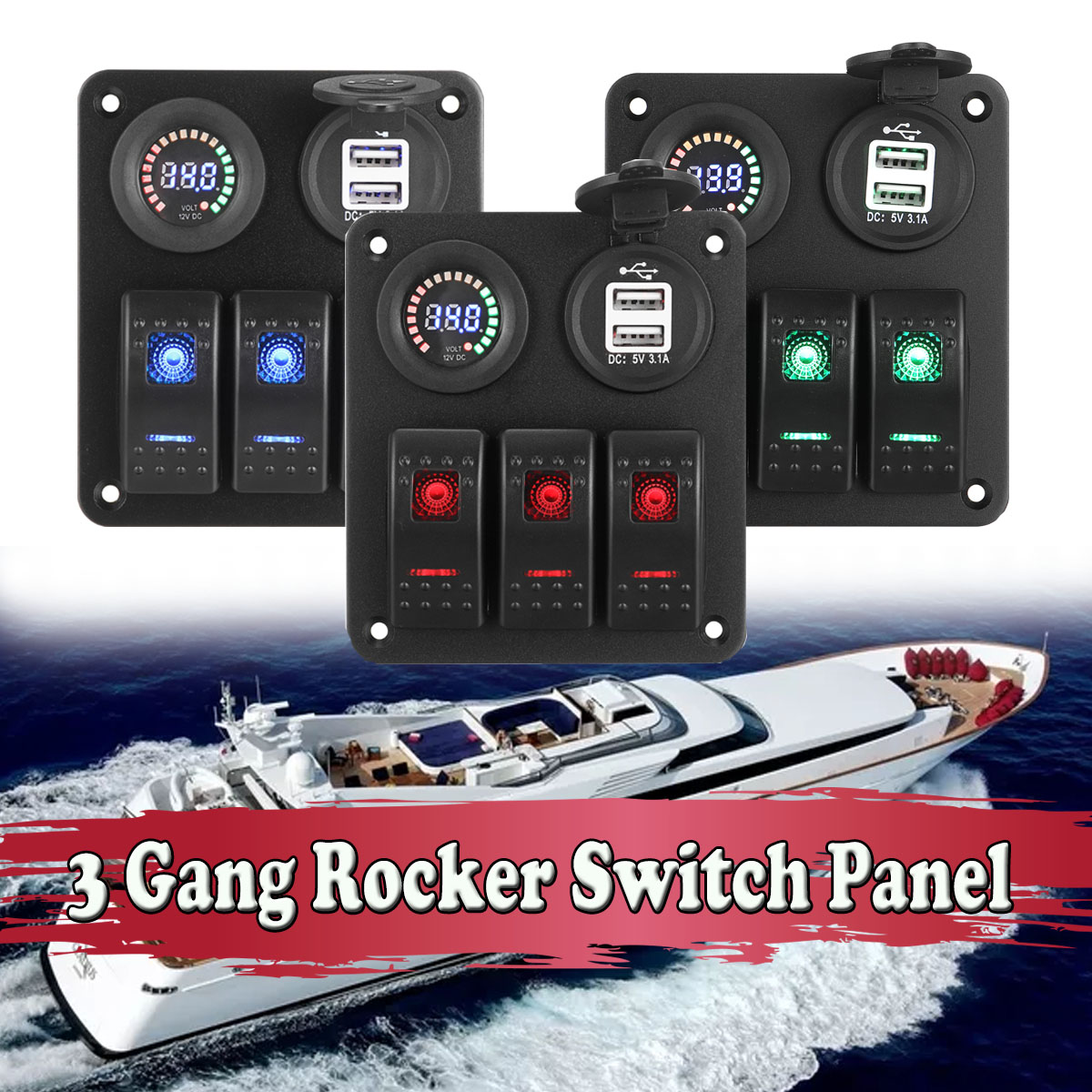 12V-3-Gang-Blue-Toggle-Rocker-Switch-Panel-Voltmeter-USB-Charger-Car-Marine-Boat-1736092