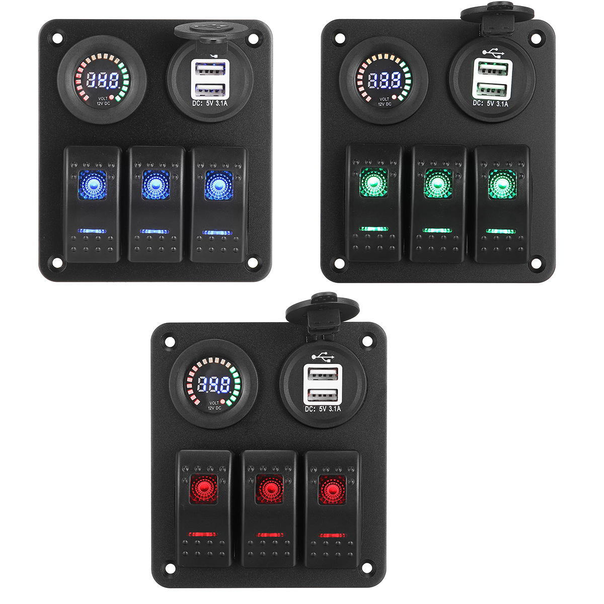 12V-3-Gang-Blue-Toggle-Rocker-Switch-Panel-Voltmeter-USB-Charger-Car-Marine-Boat-1736092