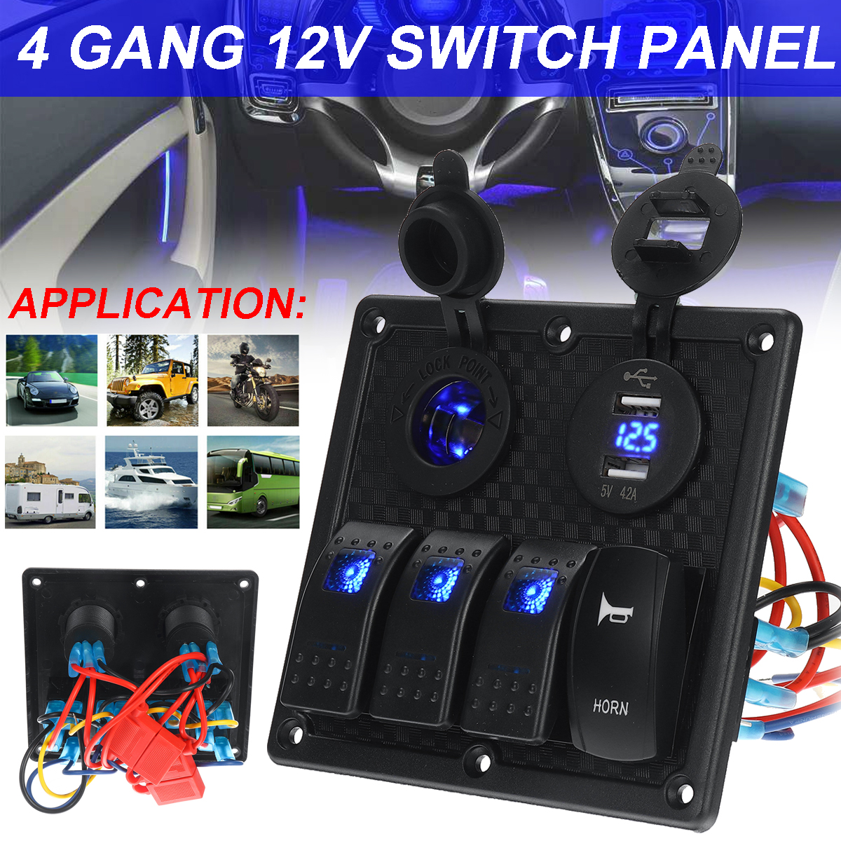 4-Gang-12V-Switch-Panel-Dual-USB-For-Caravan-Yacht-Boat-Marine-RV-Truck-Blue-LED-1724838