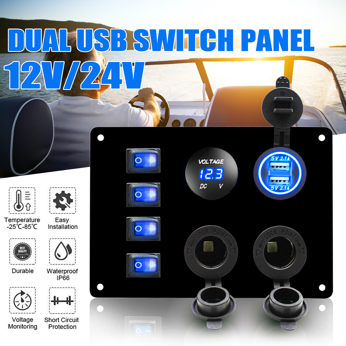 4-Gang-Blue-LED-Toggle-Rocker-Switch-Panel-Dual-USB-ON-off-Car-Marine-Boat-12V-1766550