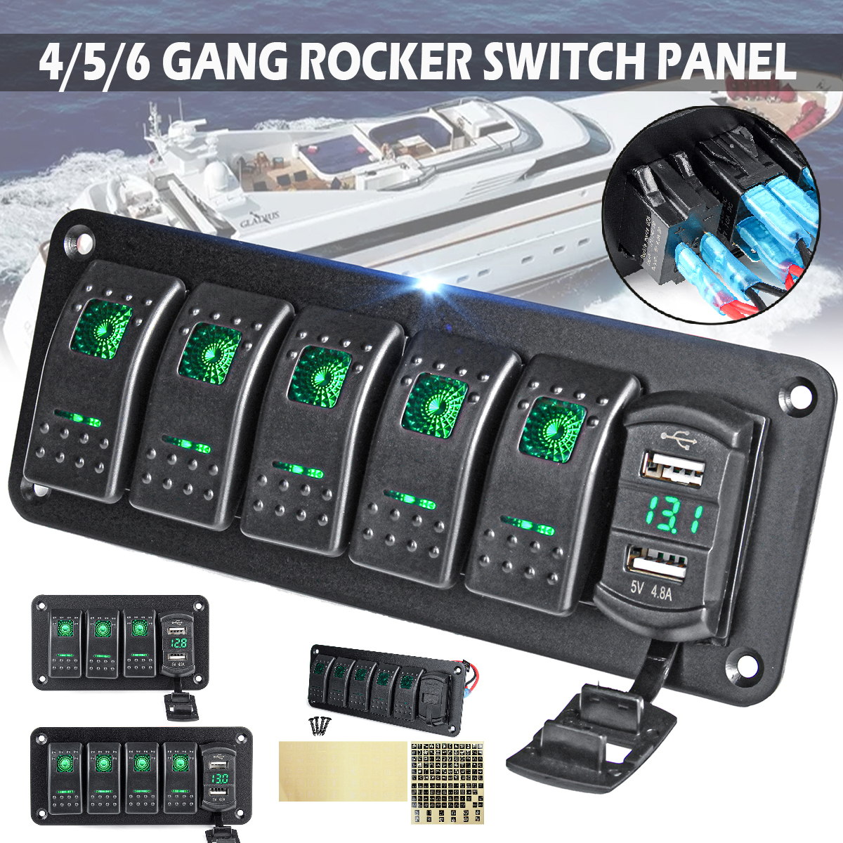 456-Gang-Green-Rocker-Switch-Panel-Circuit-Breaker-LED-Waterproof-Car-Marine-1690659