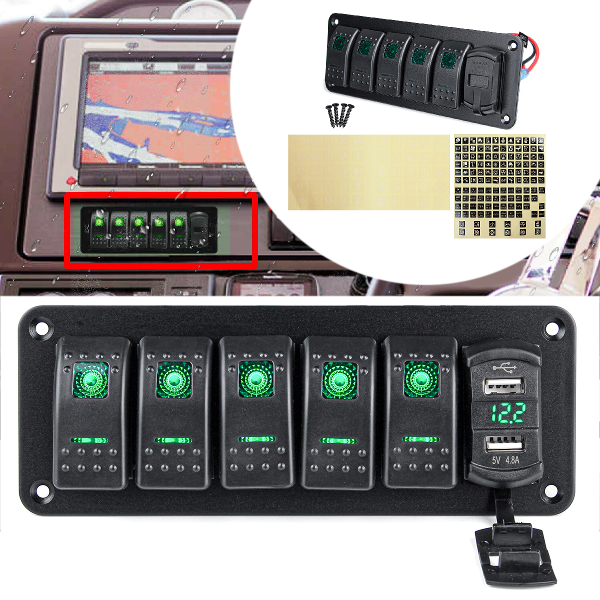 456-Gang-Green-Rocker-Switch-Panel-Circuit-Breaker-LED-Waterproof-Car-Marine-1690659
