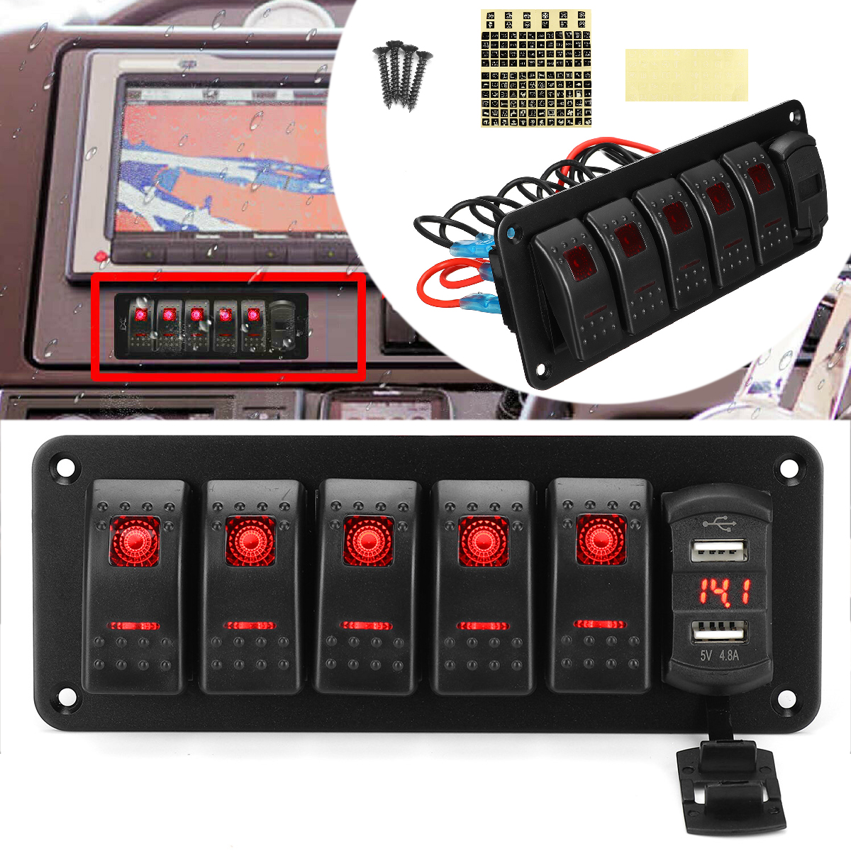 456-Gang-Green-Rocker-Switch-Panel-Circuit-Breaker-LED-Waterproof-Car-Marine-1690661