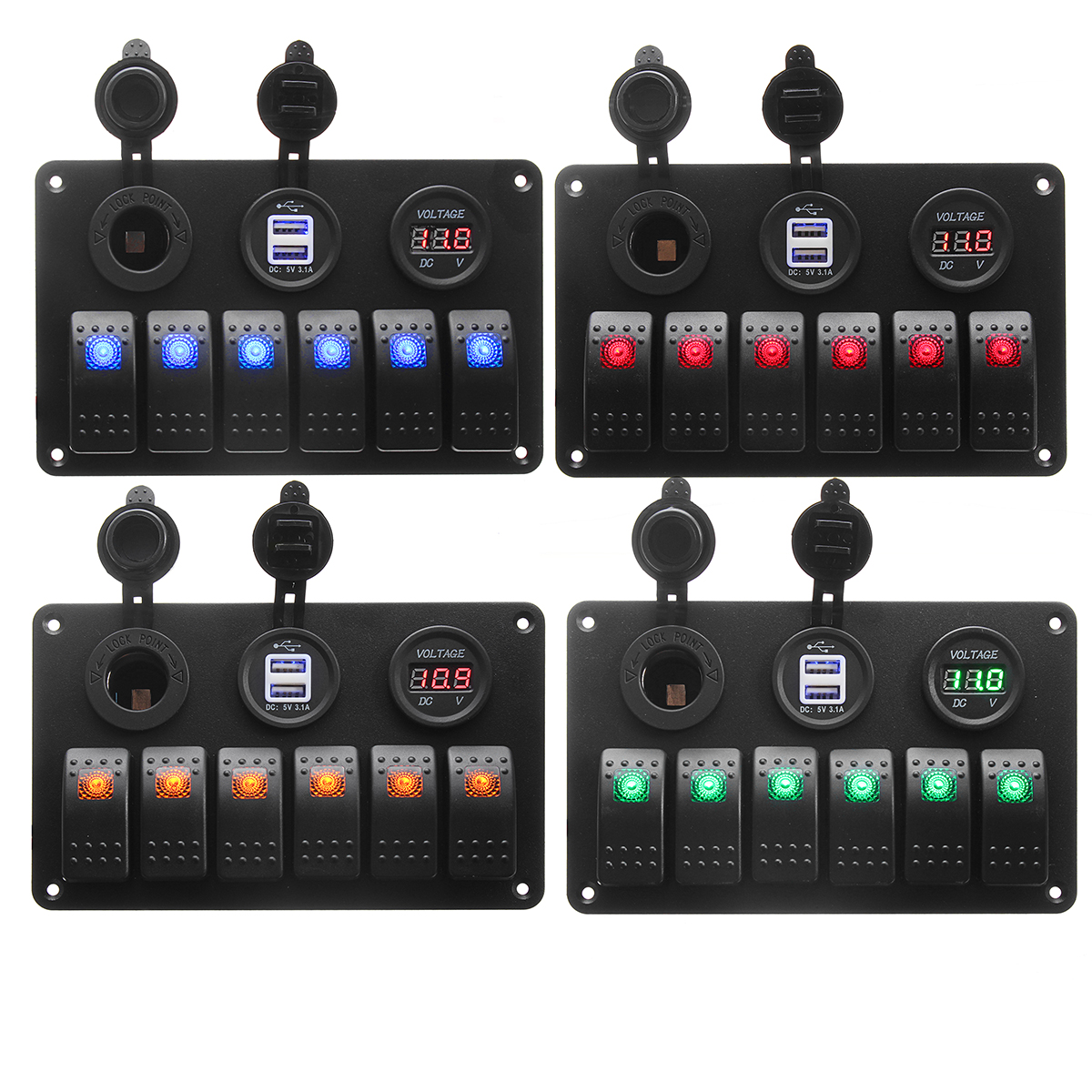6-Gang-LED-Rocker-Switch-Panel-Volt-Meterr-Dual-Usb-Power-Charger-Marine-Boat-RV-1135166