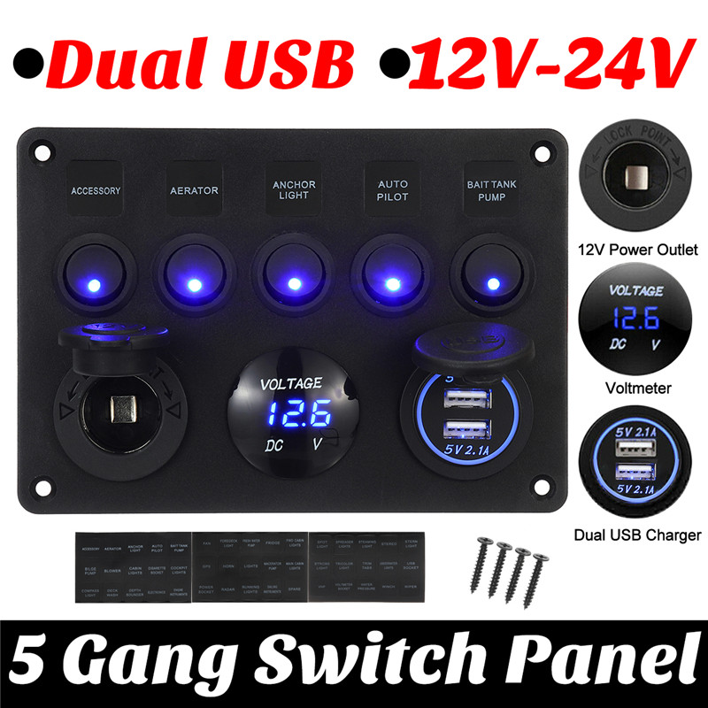 1224V-5-Gang-Blue-LED-Rocker-Switch-Panel-Dual-USB-Car-Boat-Marine-RV-Truck-ON-OFF-1622735