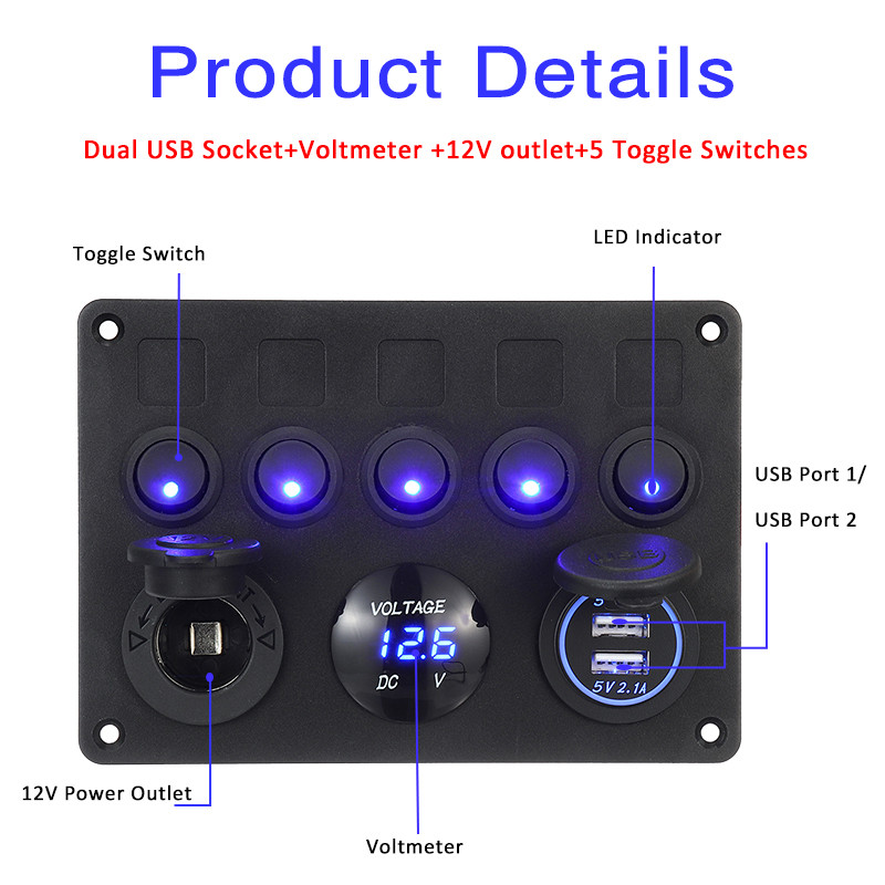 1224V-5-Gang-Blue-LED-Rocker-Switch-Panel-Dual-USB-Car-Boat-Marine-RV-Truck-ON-OFF-1622735