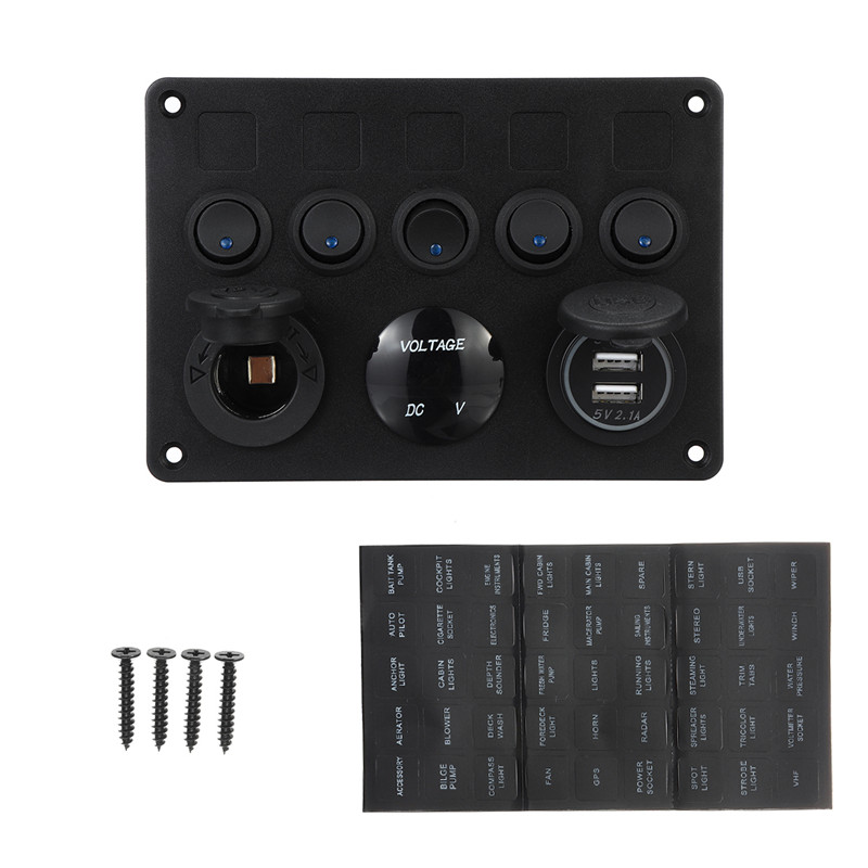 1224V-5-Gang-Blue-LED-Rocker-Switch-Panel-Dual-USB-Car-Boat-Marine-RV-Truck-ON-OFF-1622735