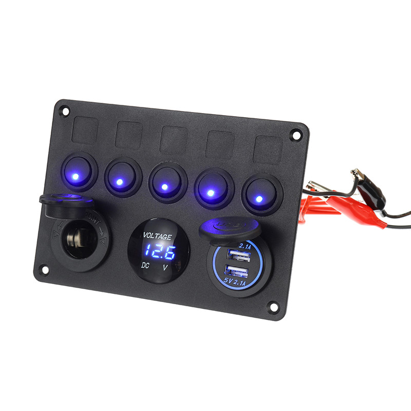 1224V-5-Gang-Blue-LED-Rocker-Switch-Panel-Dual-USB-Car-Boat-Marine-RV-Truck-ON-OFF-1622735