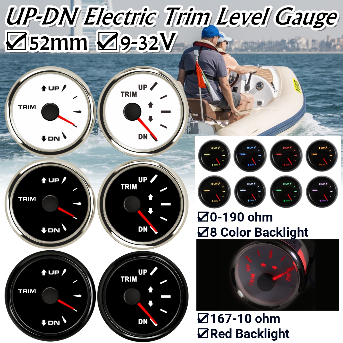 52mm-9-32V-0-190-ohm167-10-ohm-Boat-Trim-Level-Gauge-UP-DN-Electric-Backlights-1791068