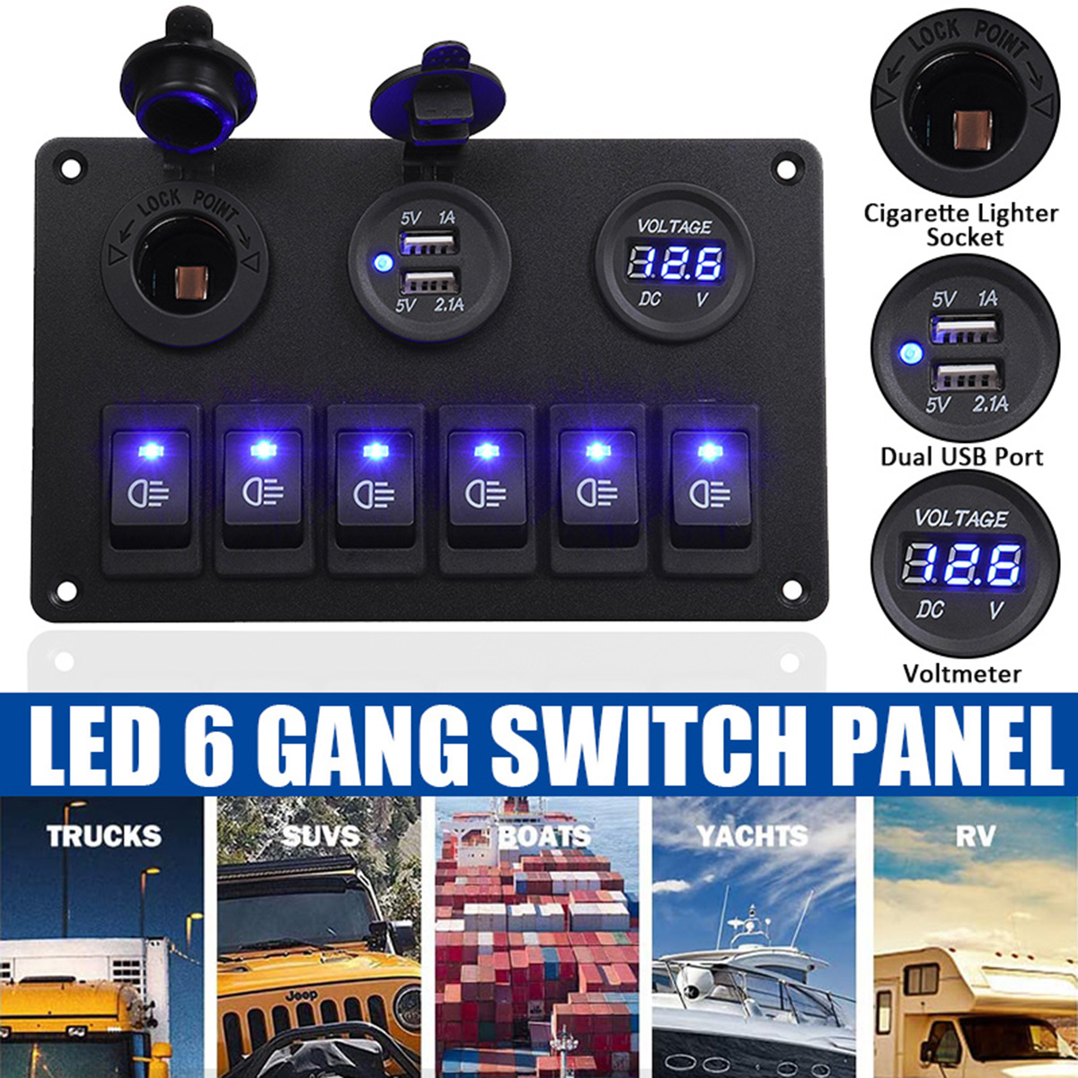 6-Gang-Blue-LED-Rocker-Switch-Panel-Car-Marine-Boat-Circuit-Dual-USB-Waterproof-1693751