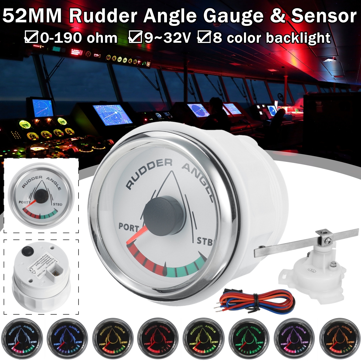 9-32V-52mm-Boat-Marine-Angle-Indicator-0-190-ohm-With-Rudder-Angle-Sensor-Set-8-Color-Backlight-1807418