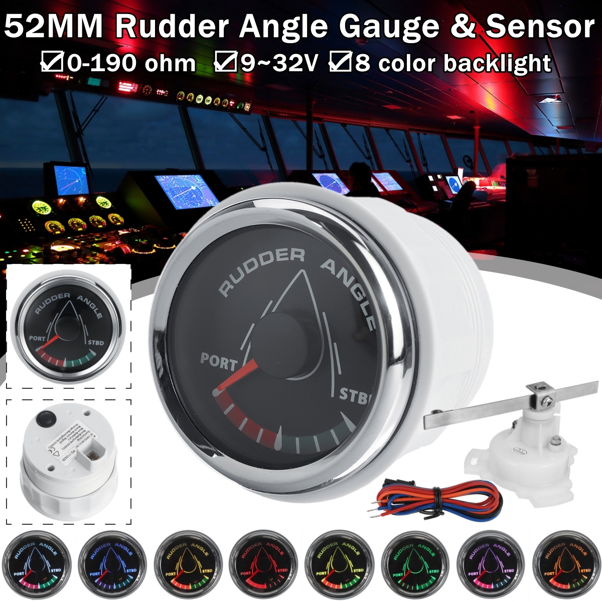 9-32V-52mm-Boat-Marine-Angle-Indicator-0-190-ohm-With-Rudder-Sensor-8-Color-Backlight-Universal-1807417