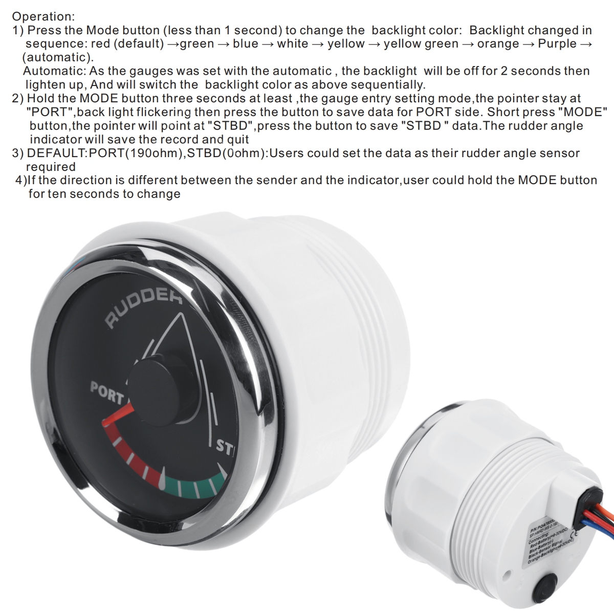 9-32V-52mm-Boat-Marine-Angle-Indicator-0-190-ohm-With-Rudder-Sensor-8-Color-Backlight-Universal-1807417