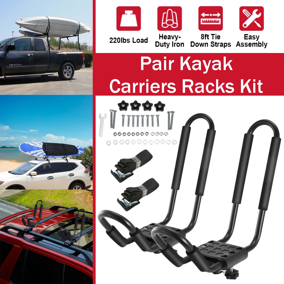 Pair-220lbs-Boat-Kayak-Roof-Rack-Car-SUV-Canoe-Truck-Top-Mount-Carrier-J-Cross-Bar-1775696