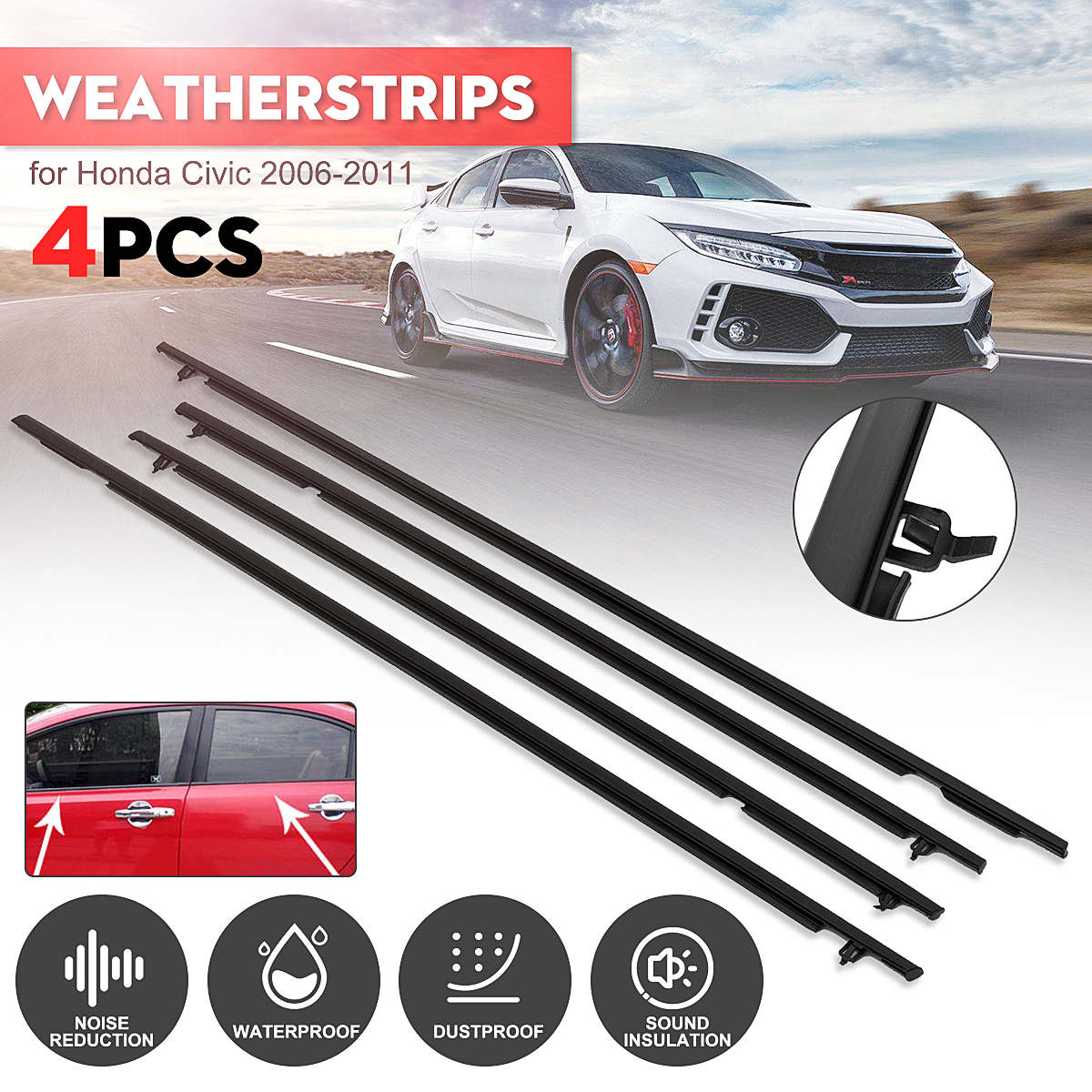 4PCS-Car-Outside-Window-Moulding-Weatherstrip-Weather-Seal-Black-For-Civic-1684534
