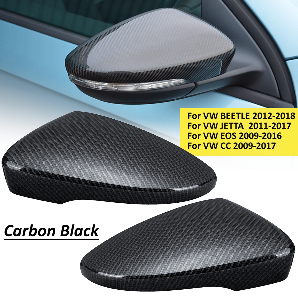 Car-Door-Wing-Rearview-Mirror-Cover-Carbon-Black-Pair-for-VW-Passat-Scirocco-Beetle-CC-Eos-1432182