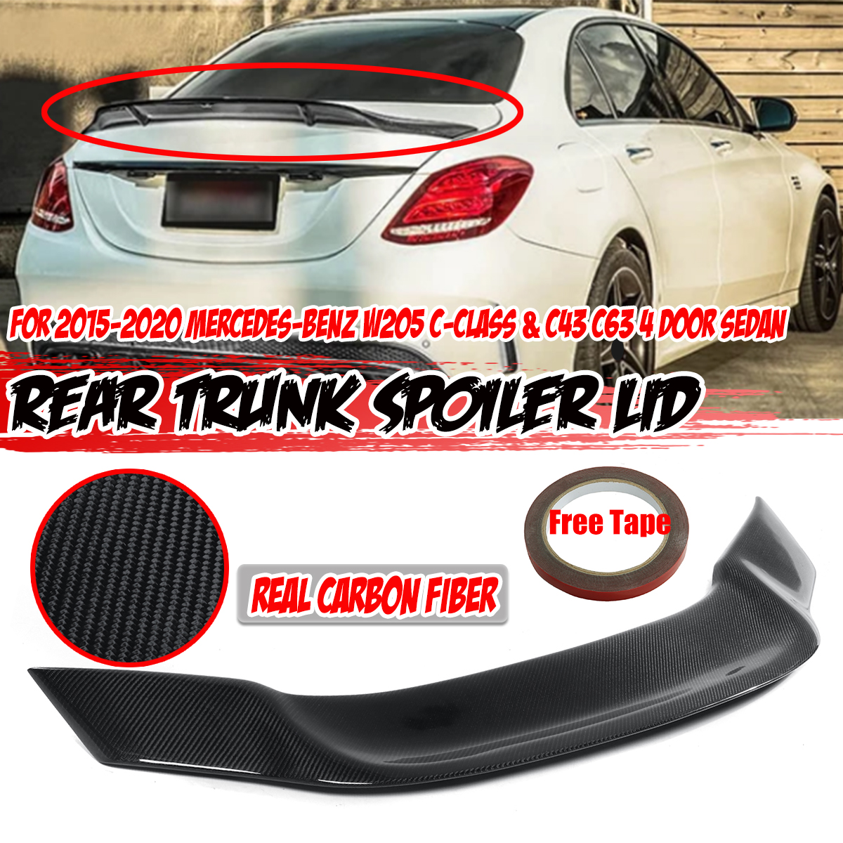 For-2015-2020-Mercedes-Benzs-W205-C-Class--C43-C63-R-Style-Real-Carbon-Fiber-Trunk-Spoiler-Lid-1805424