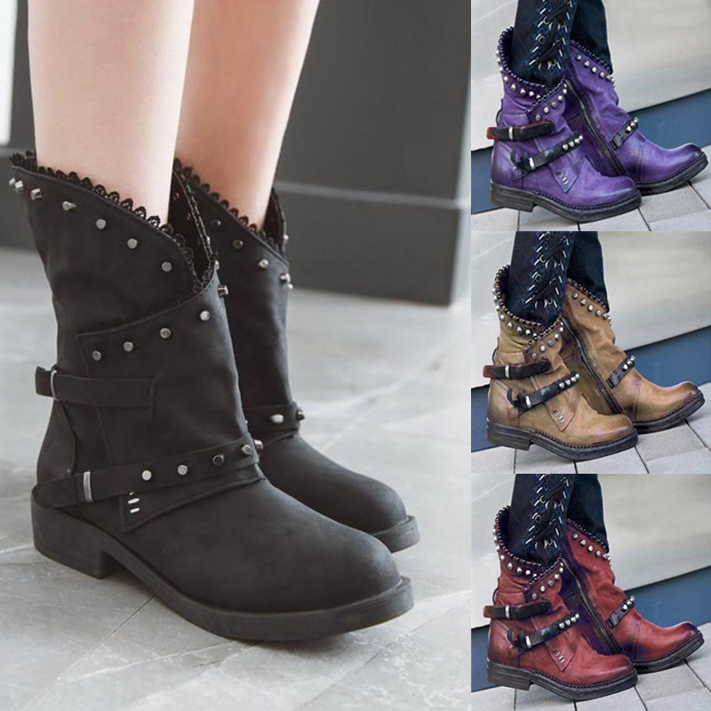 Women-Vintage-Rivet-Motorcycle-Ankle-Boots-Buckle-Ladies-Round-Toe-Horse-shoes-Low-heeled-1595774