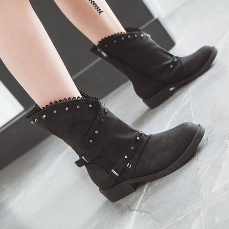 Women-Vintage-Rivet-Motorcycle-Ankle-Boots-Buckle-Ladies-Round-Toe-Horse-shoes-Low-heeled-1595774