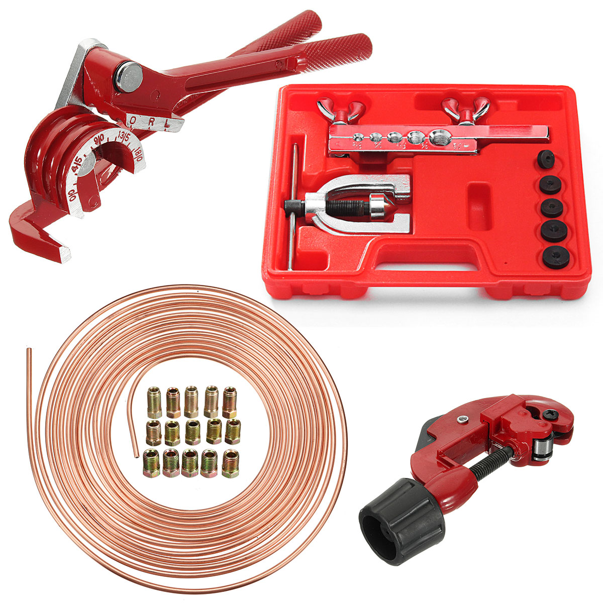 Brake-Pipe-Line-Repair-Flaring-Kit-Pipe-End-Flarer-Cutter-Bender-25Fit-316-OD-Roll-With-15Pcs-Nuts-1705507