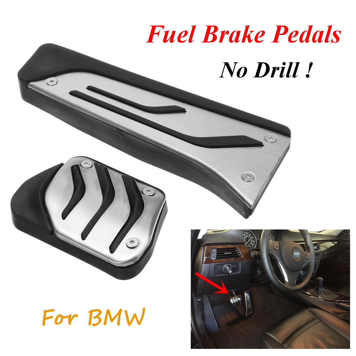 2-X-No-Drill-Anti-slip-Stainless-Steel-Fuel-Brake-Foot-Pad-Pedal-Cover-For-BMW-1214096