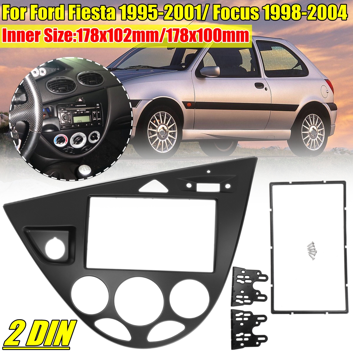 2-Din-Black-Car-Fascia-Trim-Kit-Dashboard-Frame-For-Ford-Fiesta-1995-2001-Focus-1998-2004-1814183