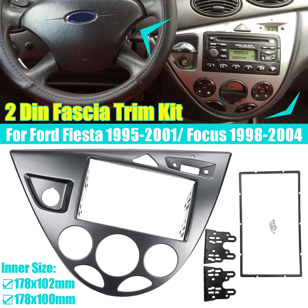 2-Din-Silver-Car-Fascia-Trim-Kit-Dashboard-Frame-For-Ford-Fiesta-1995-2001-Focus-1998-2004-1814173