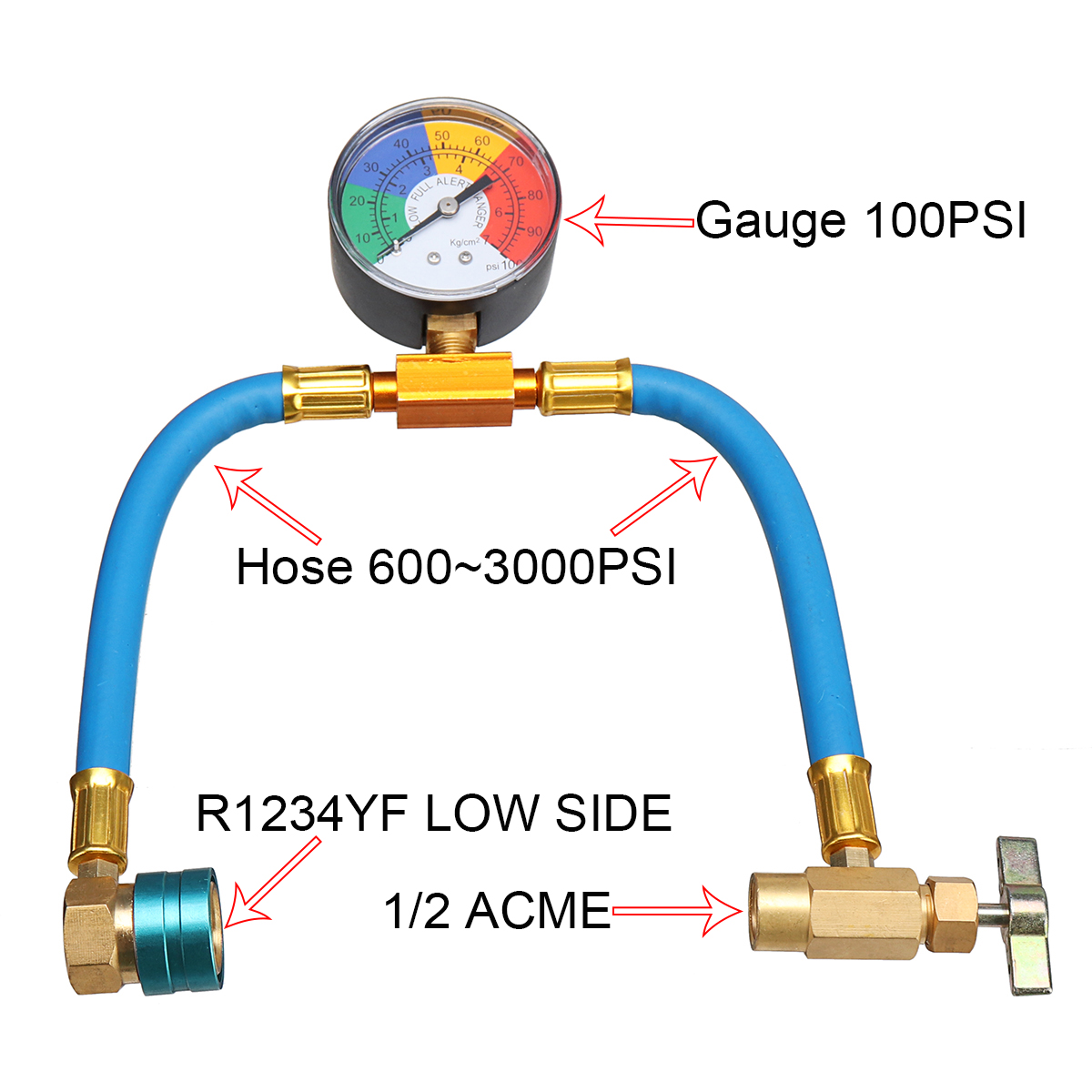 R-1234yf-AC-Service-Hose--100PSI-Gauge-Coupler-Recharge-Refrigerant-Cans-Taper-1368570