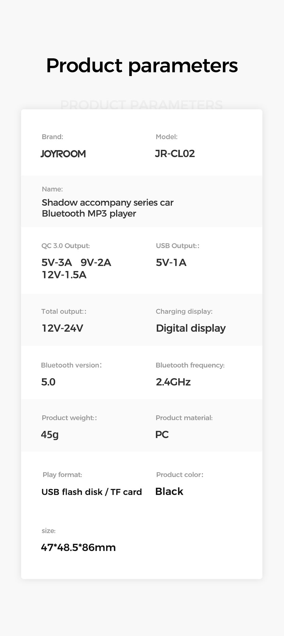Joyroom-Fast-Car-Charger-Bluetooth-50-Handsfree-Car-Kit-Audio-MP3-Player-With-QC30-Dual-USB-Adapter--1795117