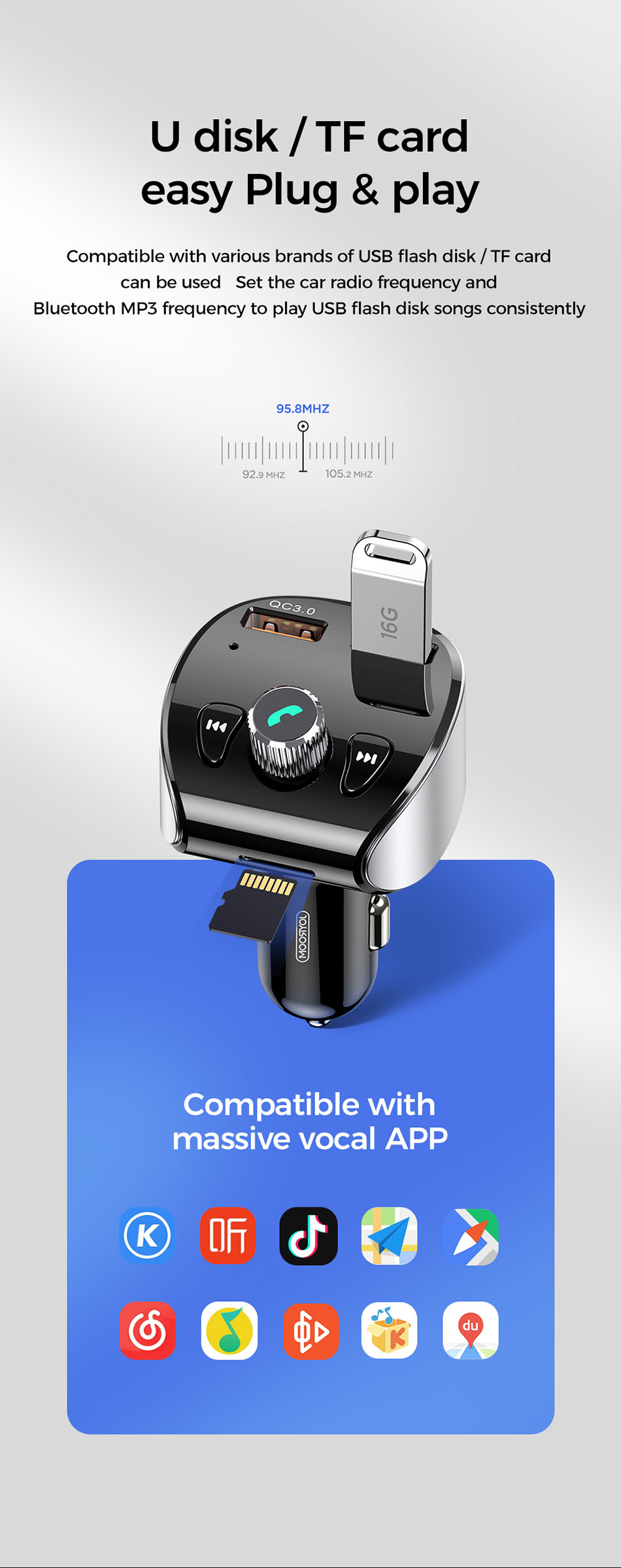 Joyroom-Fast-Car-Charger-Bluetooth-50-Handsfree-Car-Kit-Audio-MP3-Player-With-QC30-Dual-USB-Adapter--1795117