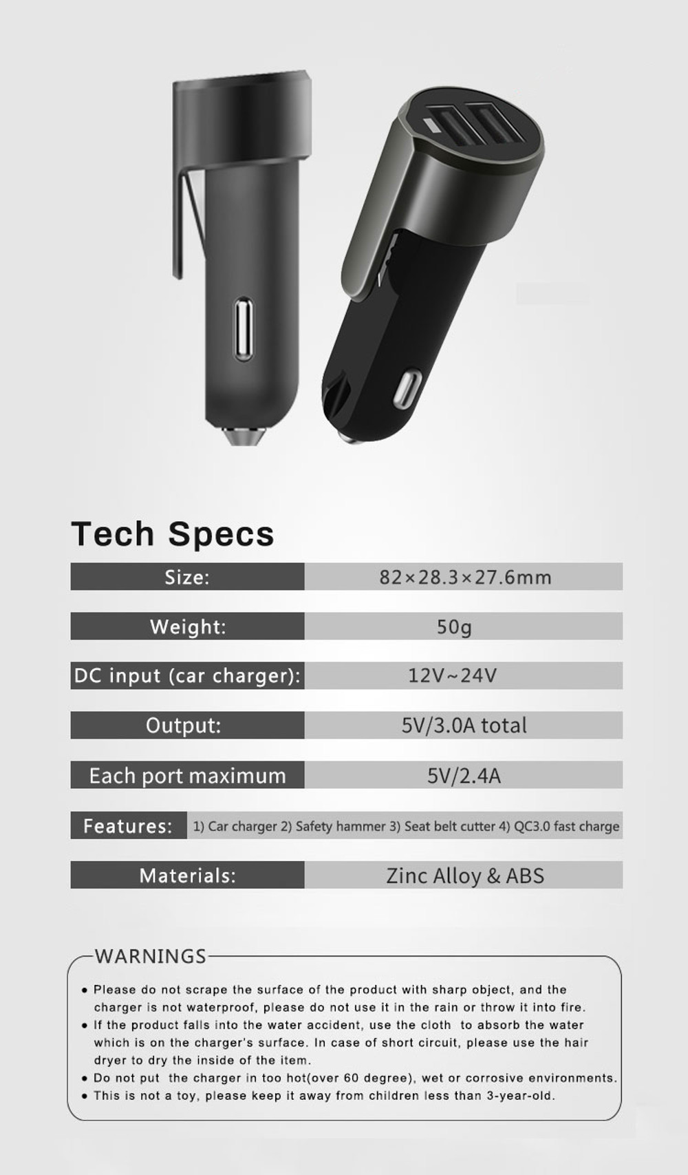 Yuroad-BM2036-12V-Mini-Car-Charger-Dual-port-USB-Fast-Charging-Universal-with-Safety-Hammer-Cutter-1809234