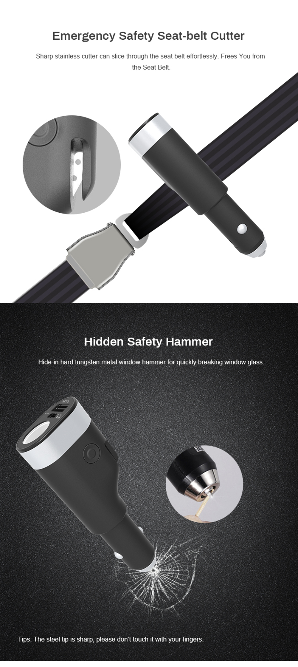 Yuroad-BM2127-12V-USB-Car-Charger-Multifunctional-Safety-Hammer-2200mAh-Portable-Power-Bank-Vehicle--1774708