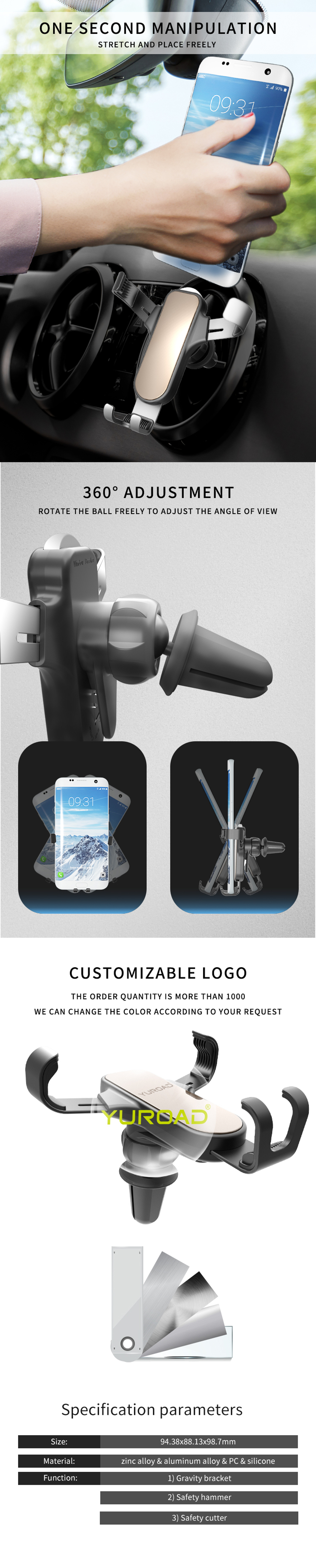 Yuroad-BM3215-3-In1-Car-Phone-Holder-Mount-360-Degree-Rotating-with-Safety-Hammer-Emergency-Cutter-1808653