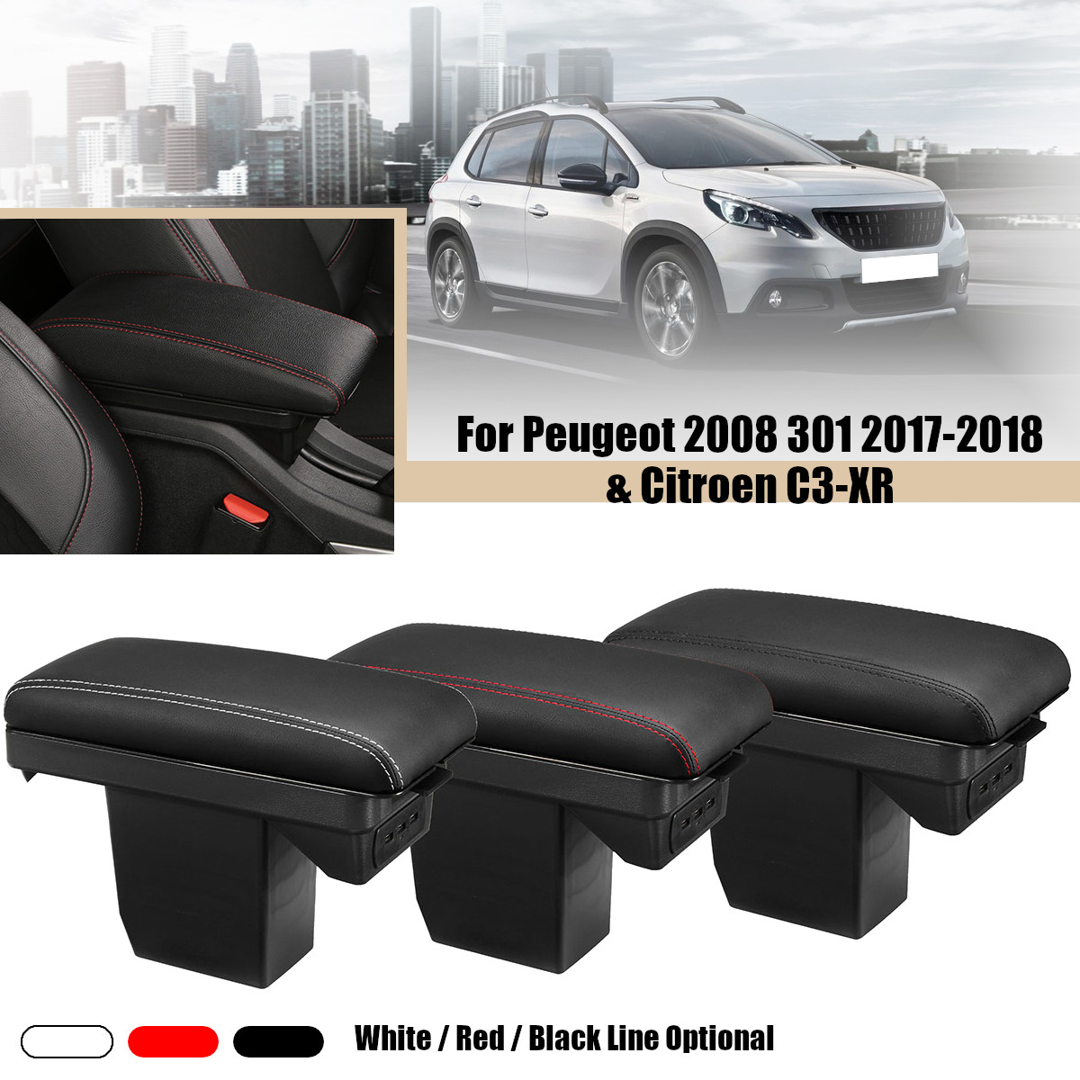Leather-Car-Armrest-Console-Center-Arm-Rest-Box-Cover-Cushion-with-Charger-Port-for-Peugeot-2008-301-1428566