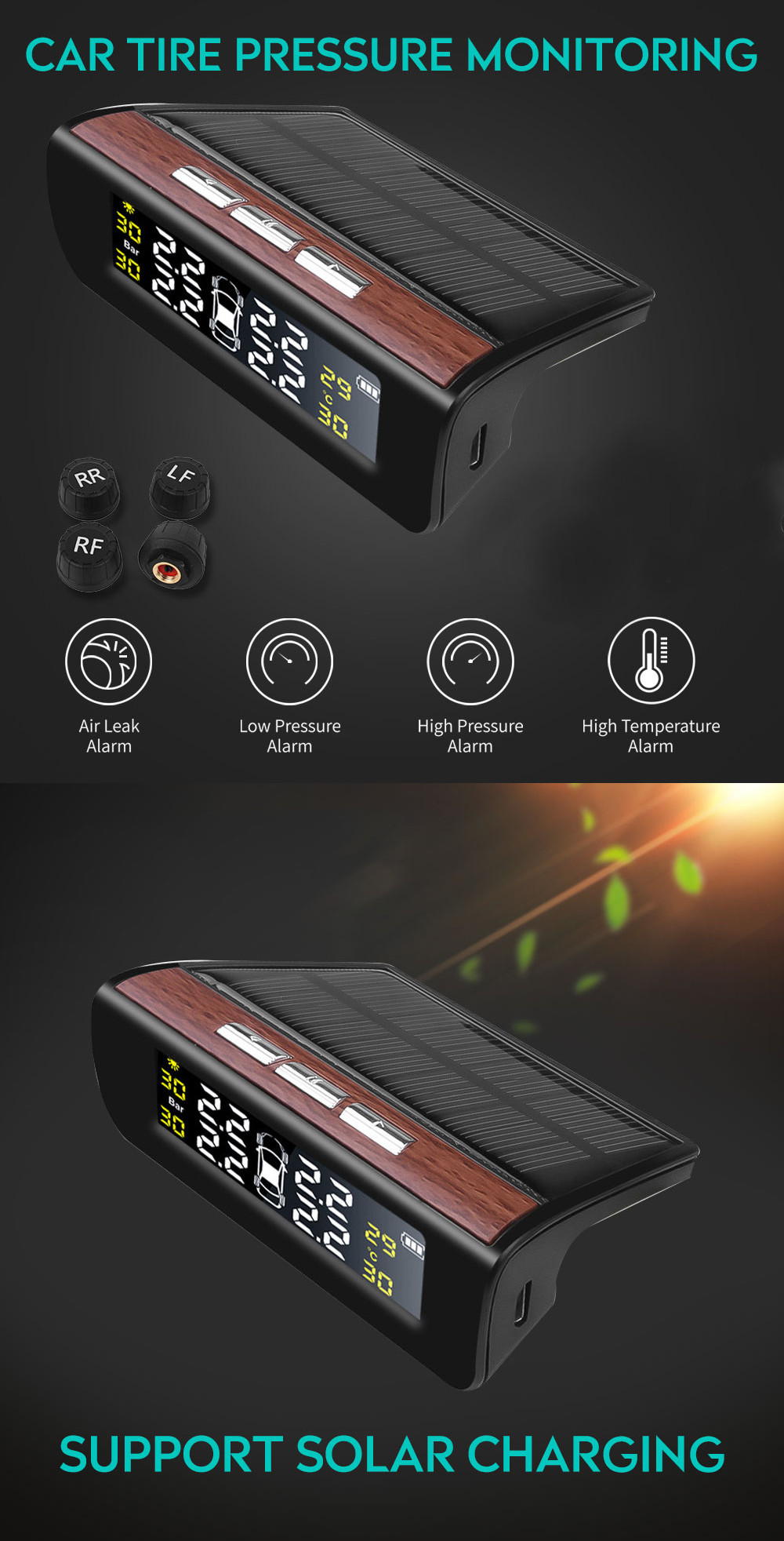 TPMS-Tire-Pressure-Alarm-Car-Solar-External-Sensor-Digital-USB-Auto-LCD-Color-Screen-1626607