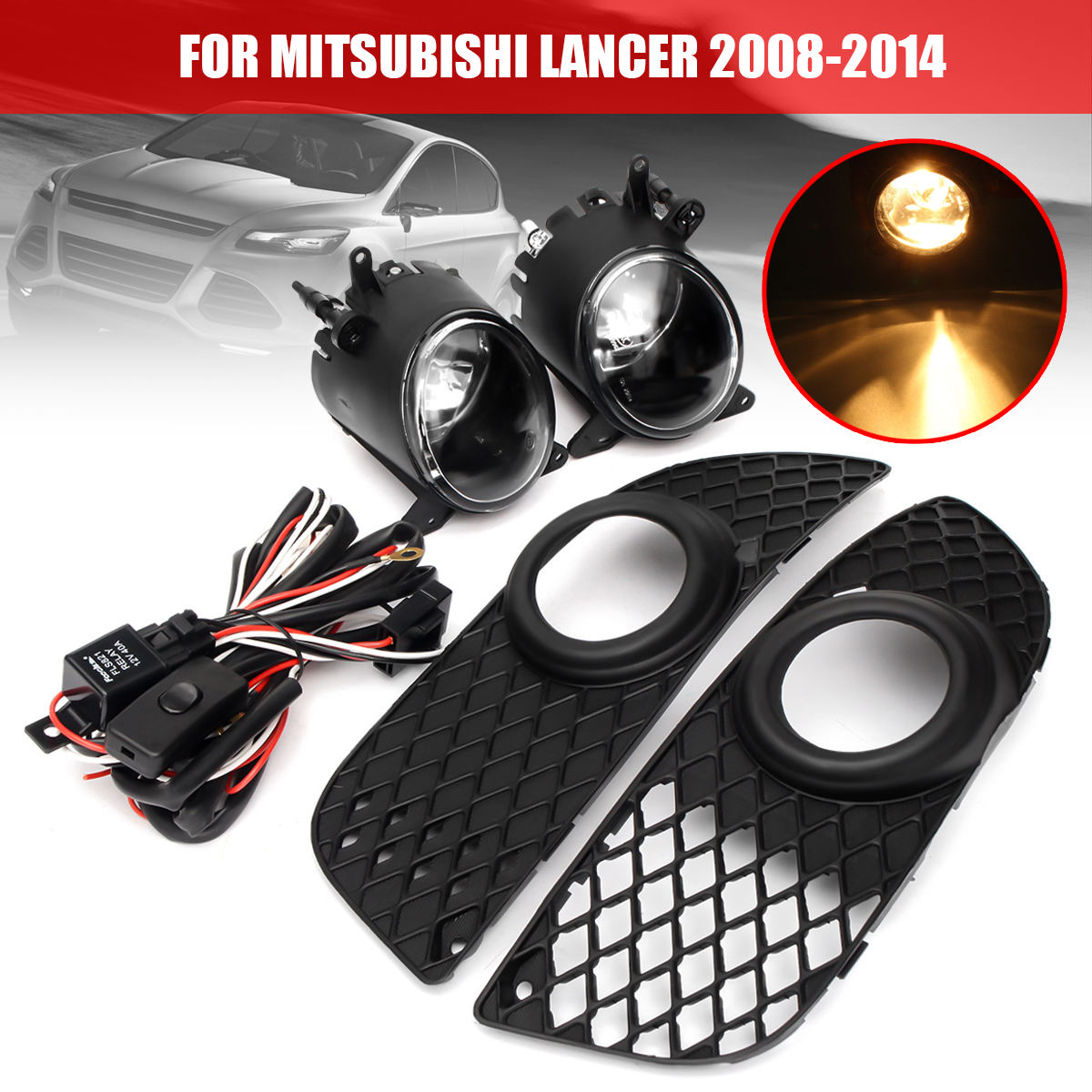 Pumper-Grille-Cover-TrimFog-LightsHook-up-Wire-Switch-Kit-for-Mitsubish-Lancer-08-14-1046537