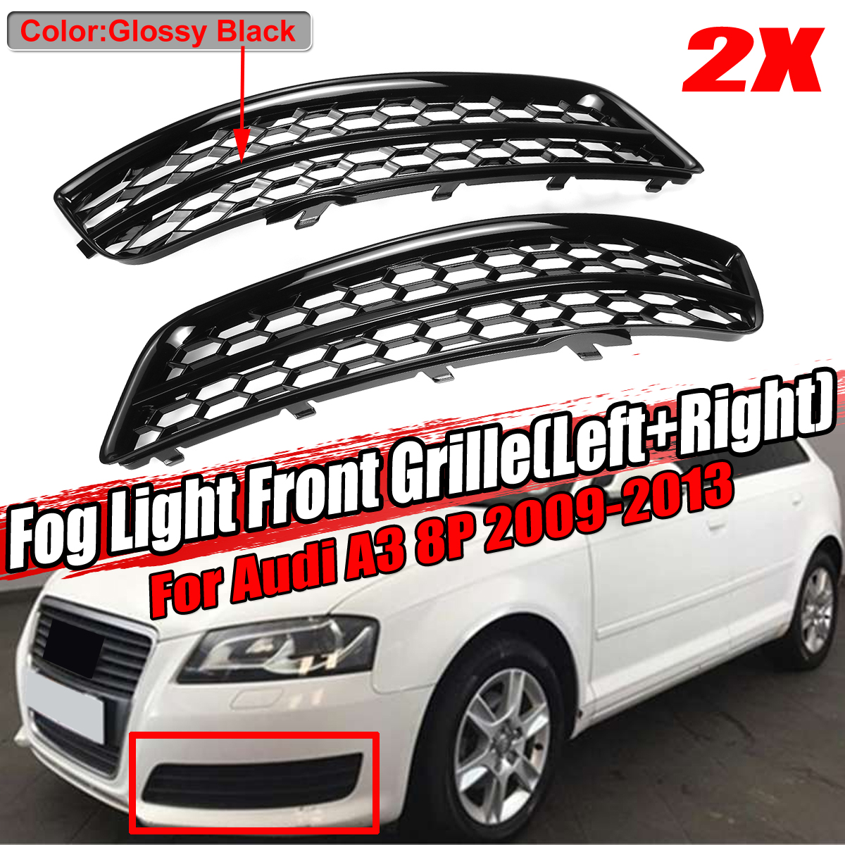 1-Pair-Front-Grille-Fog-Light-Lamp-Cover-Glossy-Black-HONEYCOMB-Car-Modification-For-Audi-A3-8P-2009-1788373