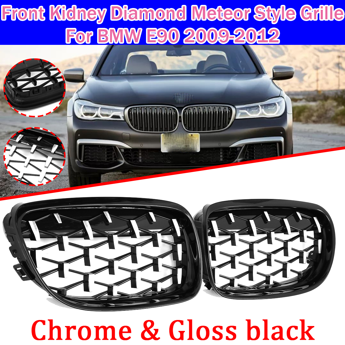 1-Pair-Front-Kidney-Grille-Chrome--Gloss-Black-Diamond-Meteor-Style-For-BMW-E90-2009-2012-1812713