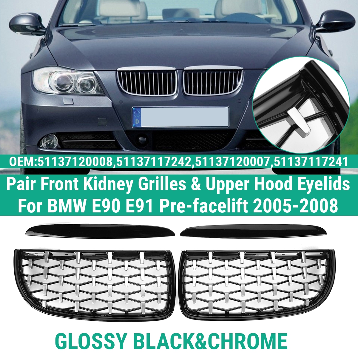 1Pair-Front-Kidney-Grill-Grilles-Diamond-Mesh-Upper-Hood-Eyelids-For-BMW-E90-E91-1763195