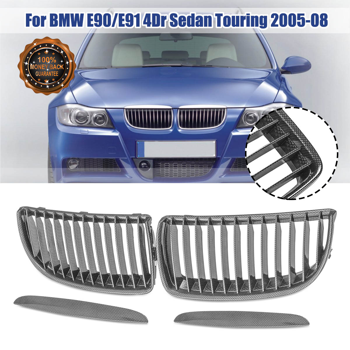 2PCS-Carbon-Fiber-Front-Kidney-Grill-Grille-For-BMW-3-Series-E90-E91-4Dr-Sedan-Touring-2005-08-1811912