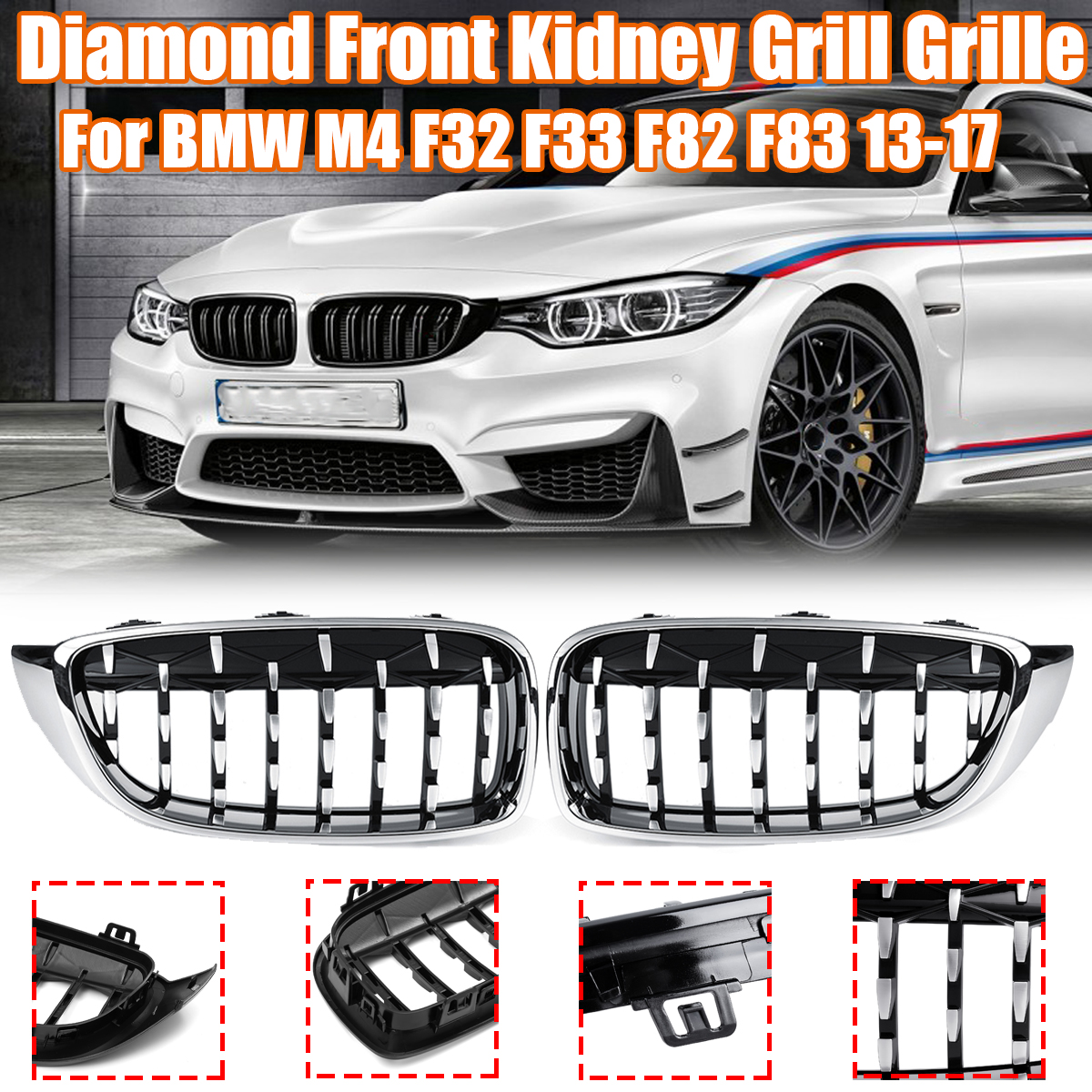 2PCS-Diamond-Front-Kidney-Grill-Grille-Chrome-For-BMW-M4-F32-F33-F82-F83-2013-2017-1778833