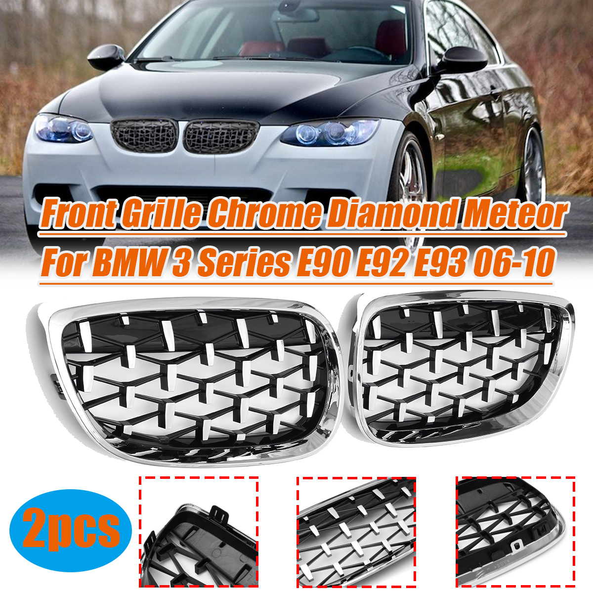 2PCS-Front-Grill-Grille-Chrome-Diamond-Meteor-For-BMW-3-Series-E90-E92-1781210