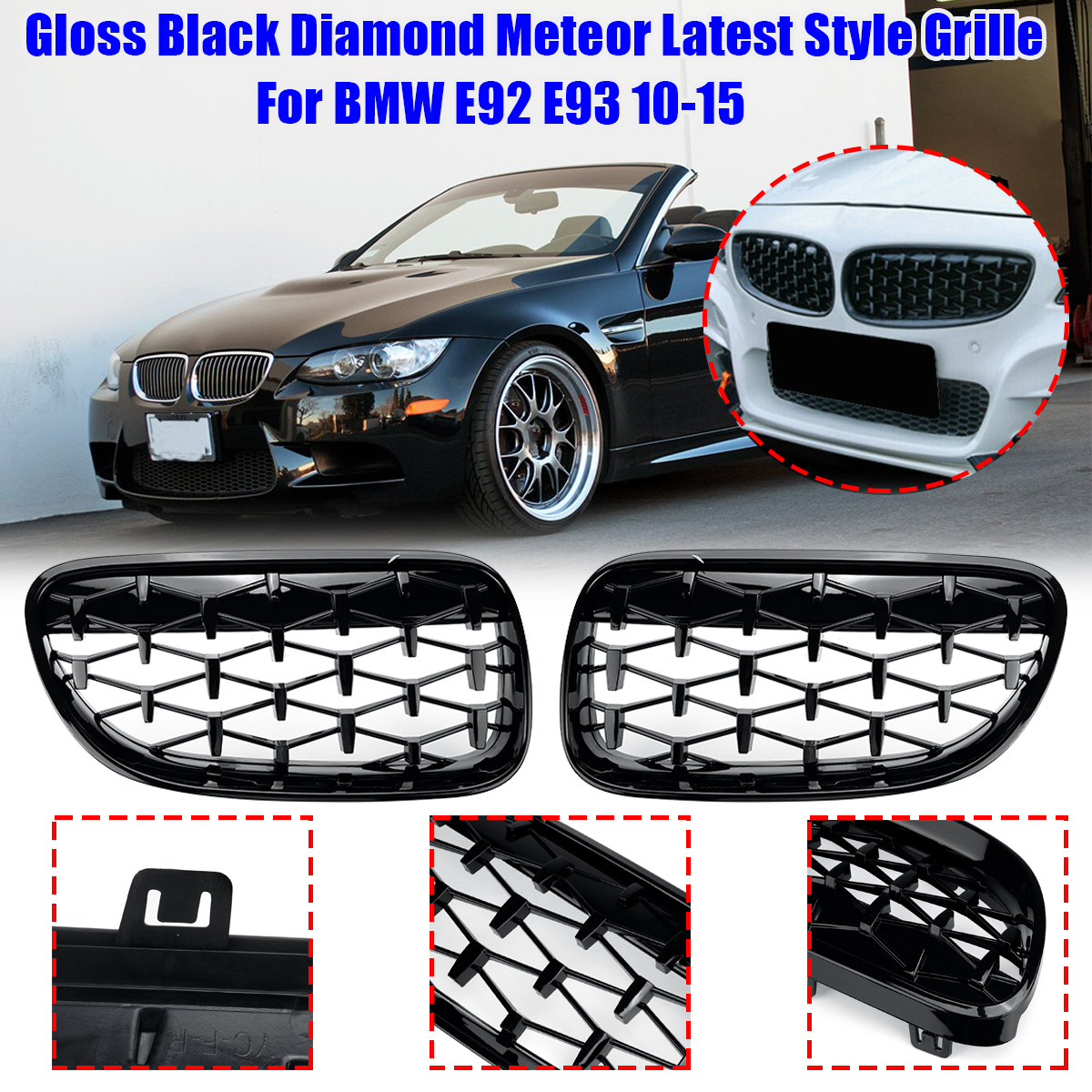 2PCS-Front-Grill-Grille-Gloss-Black-Diamond-Meteor-For-BMW-E92-E93-2010-2015-R-1781206
