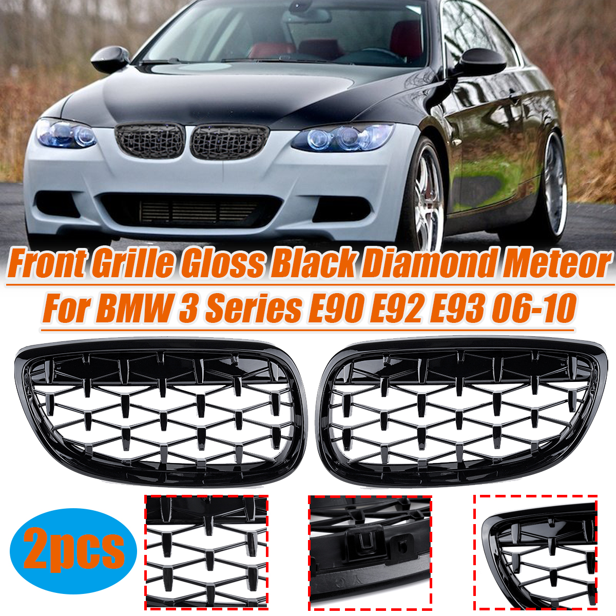 2PCS-Front-Grille-Girll-Black-Diamond-Meteor-For-BMW-3-Series-E90-E92-E93-2006-2010-1781211