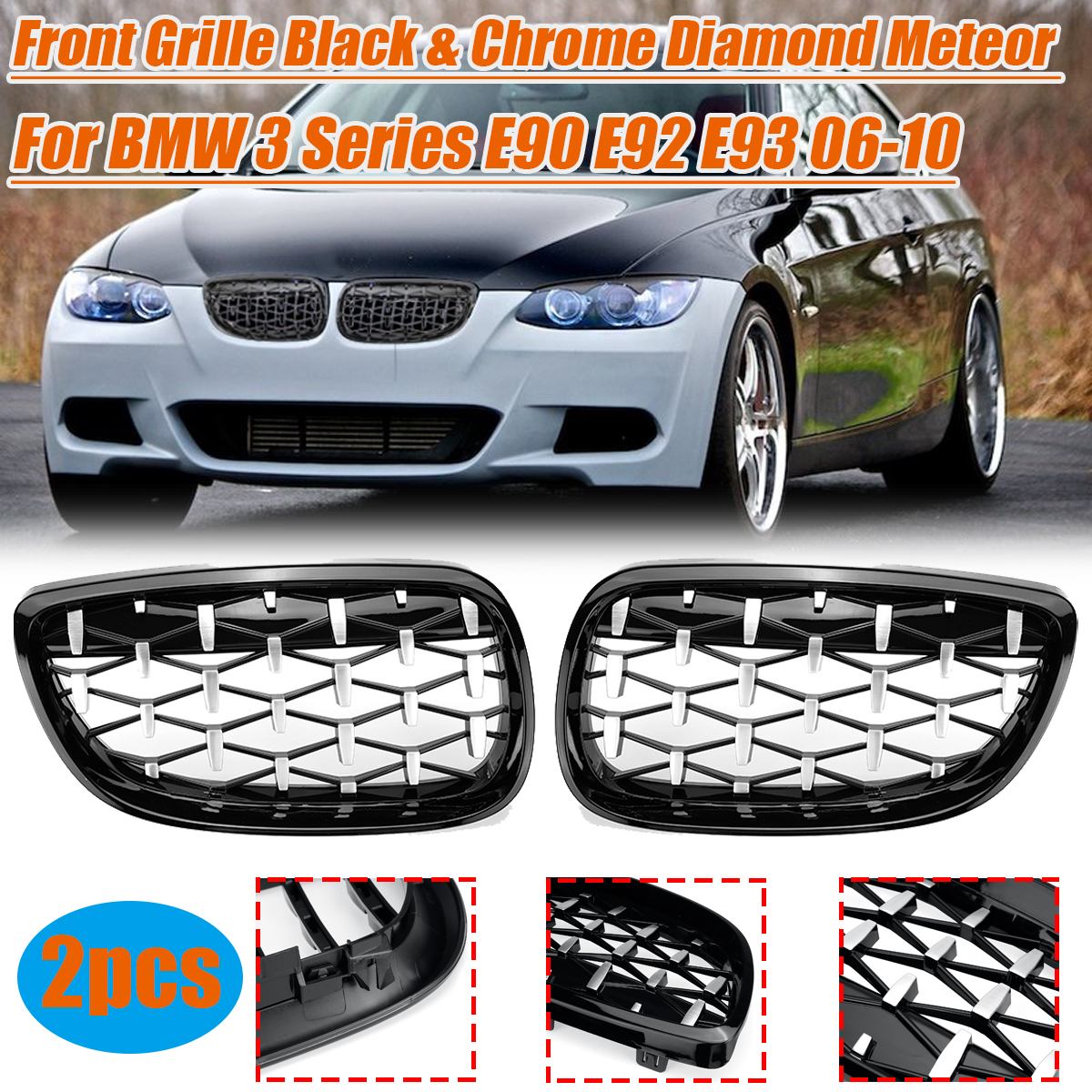 2PCS-Front-Grille-Grill-BlackChrome-Diamond-Style-For-BMW-3-Series-E90-E92-E93-1781209