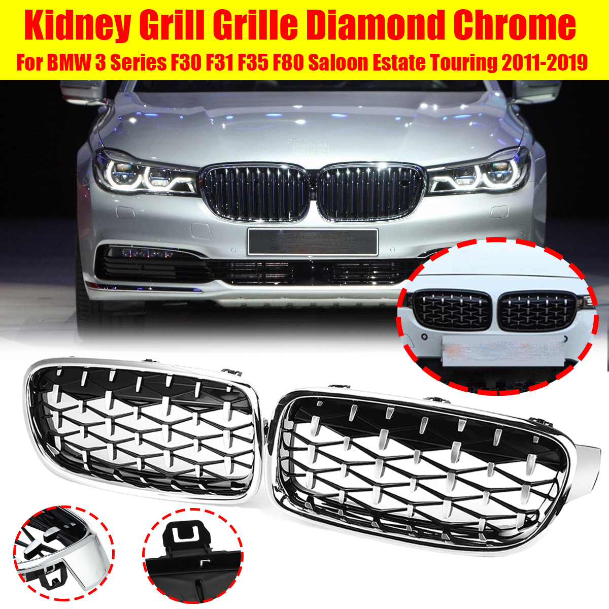 2PCS-Front-Kidney-Grill-Grille-Diamond-Chrome-For-BMW-3-Series-F30-F35-F80-2011-2019-1778831