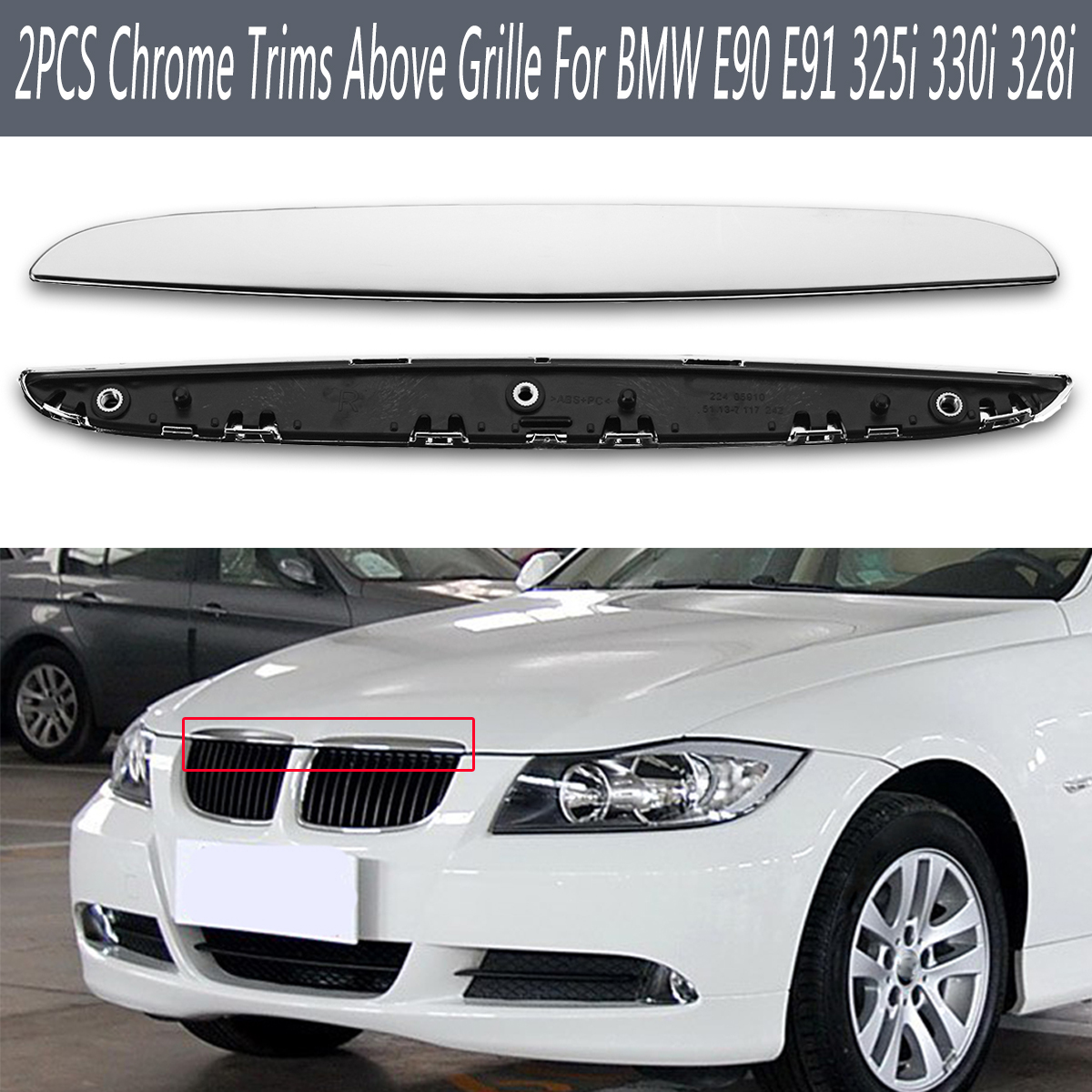 2PCS-LR-Chrome-Trims-Above-Kidney-Grille-For-BMW-E90-E91-325i-330i-328i-1811907