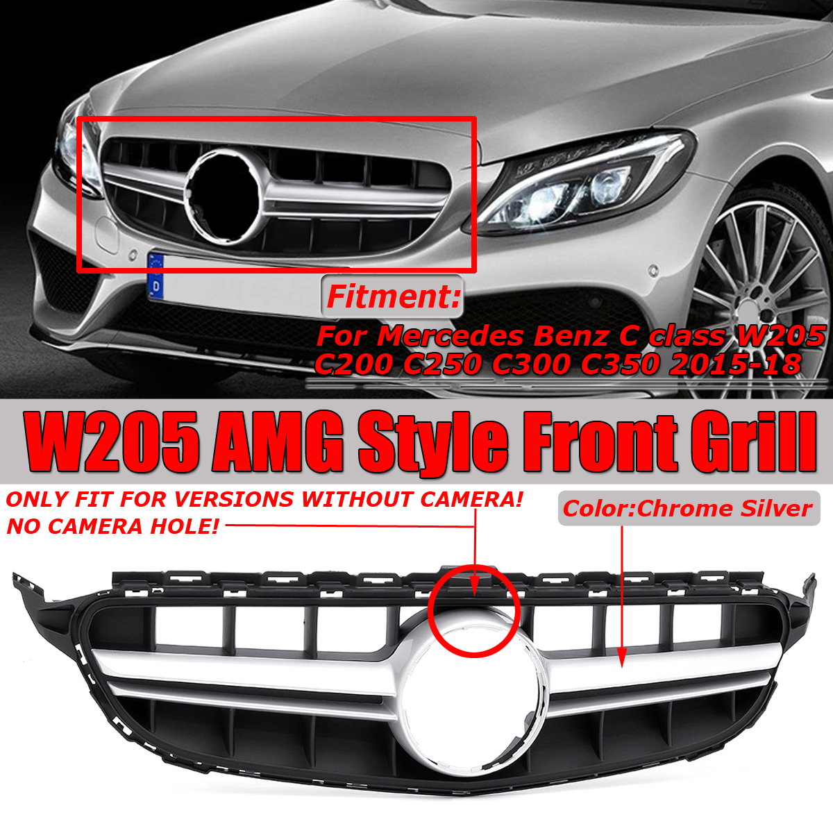 AMG-Style-Silver-Front-Grille-Grill-Without-Camera-For-Mercedes-Benz-C-Class-W205-C200-C250-C300-C35-1556095